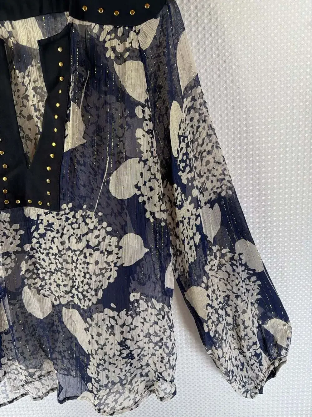 Zara Woman Navy and White Floral Print Sheer Blouse with Gold Stud Detail